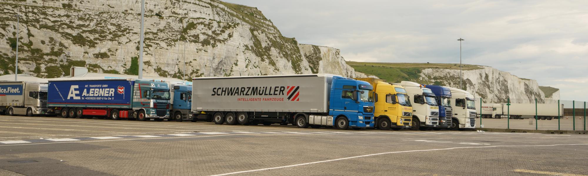 Trucks waiting in the queue to board ferry at Dover port