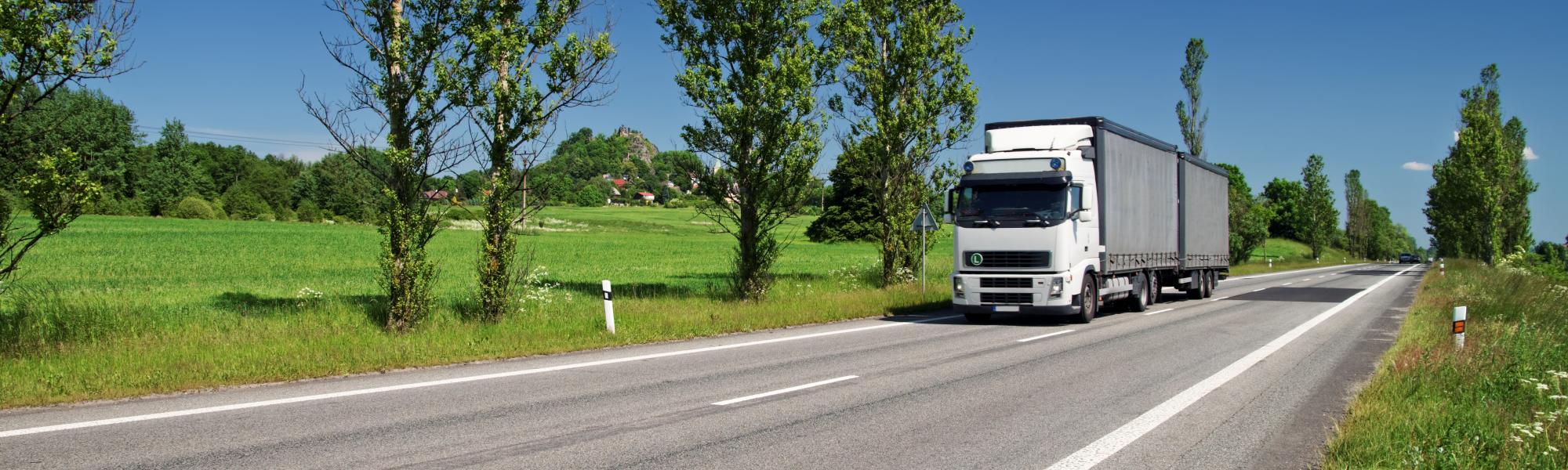 truck on national road in a green landscape