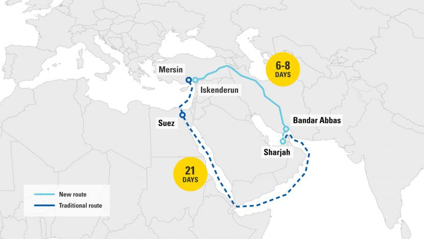 Map of the new UAE–Turkey TIR trade route