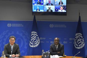 IRU Secretary General Umberto de Pretto (left) and ILO Director-General Gilbert F. Houngbo (right) at the JAG-TSC principals meeting.